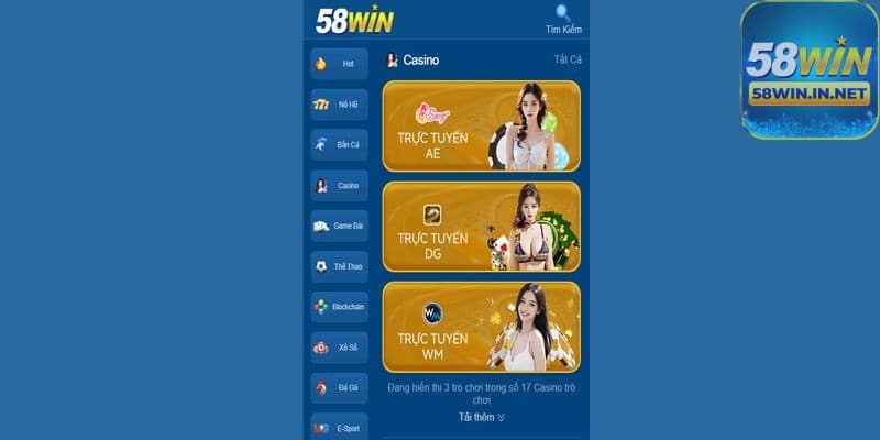 Casino với nhiều thể loại được tái hiện trực tuyến trên 58WIN