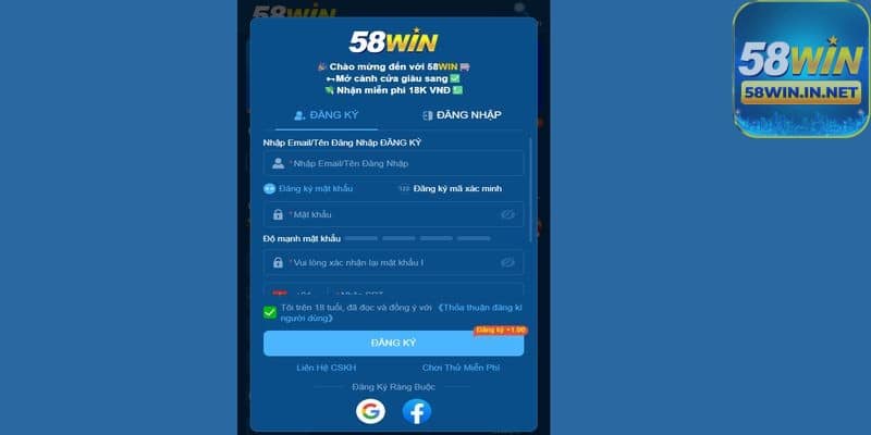 Form đăng ký 58WIN cho anh em cược thủ