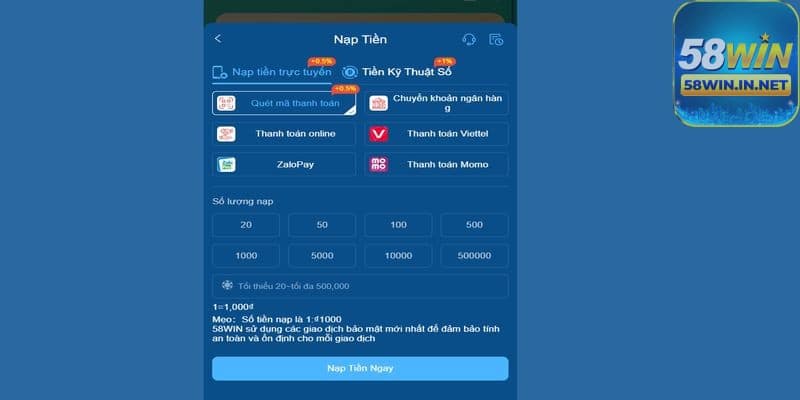 Giao diện nạp tiền tại 58WIN